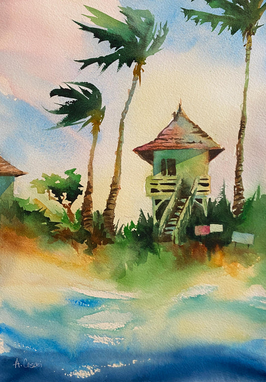 Original Watercolor Painting - Kamaole Beach Lifeguard Tower