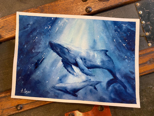 Original Watercolor Painting - Whales in Blue