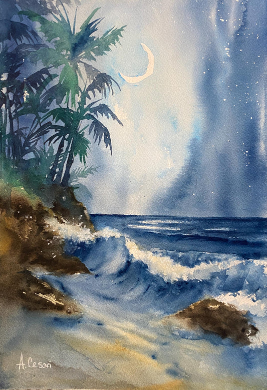 Original Watercolor Painting - Blue Mood Seascape