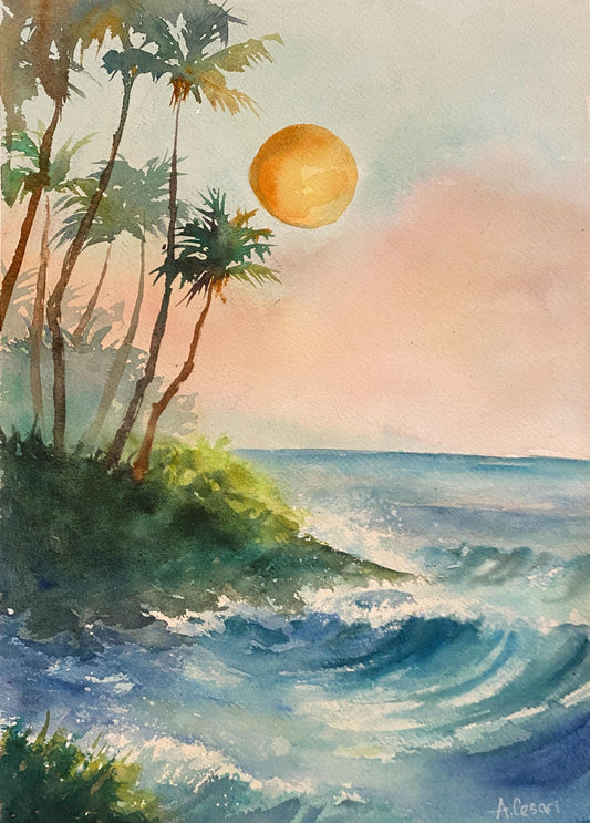 Original Watercolor Painting - Harvest Moon, Maui