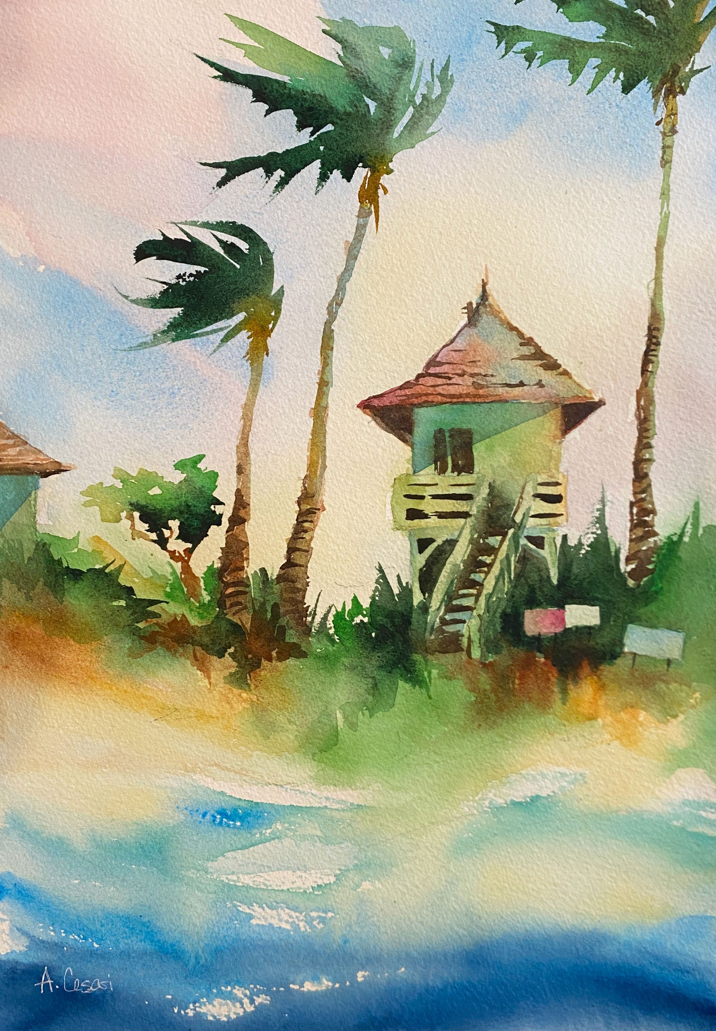 Original Watercolor Painting - Kamaole Beach Lifeguard Tower