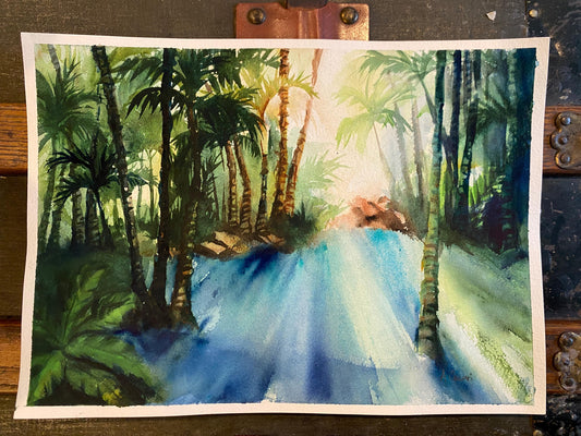 Original Watercolor Painting - Tropical Pool