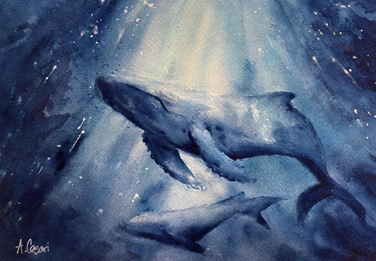 Original Watercolor Painting - Whales in Blue